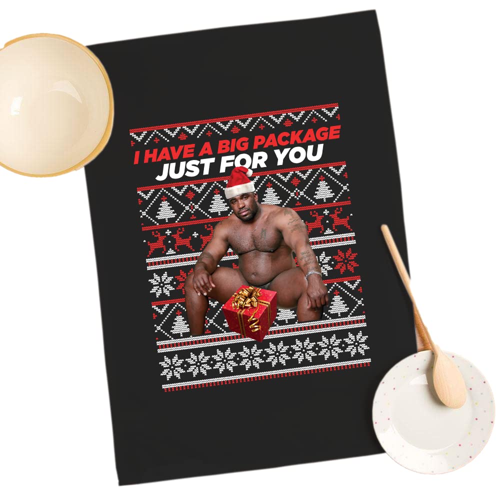 SMARTYPANTS Barry Wood Big Package Tea Towel - Novelty Funny Rude Crude Explicit Fun Joke Merry Father Christmas Claus Xmas Eve Jolly Festive Holiday Kitchen Gift Present (Black Prime)
