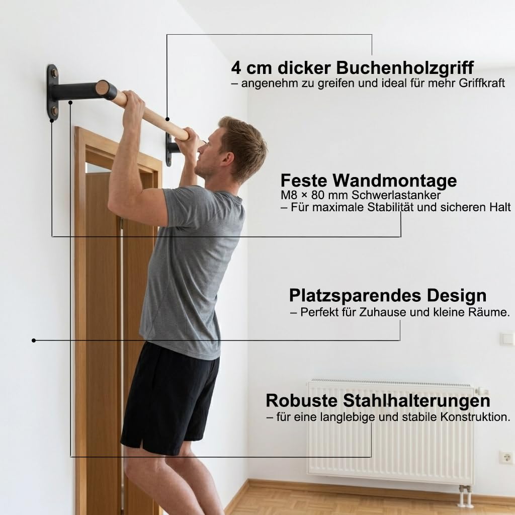 Klimmzugstange Wandmontage aus Holz, 40mm Holzgriff aus Buche, Platzsparende Pull Up Bar für Home Gym & Calisthenics, 130kg Belastbar – 100 CM