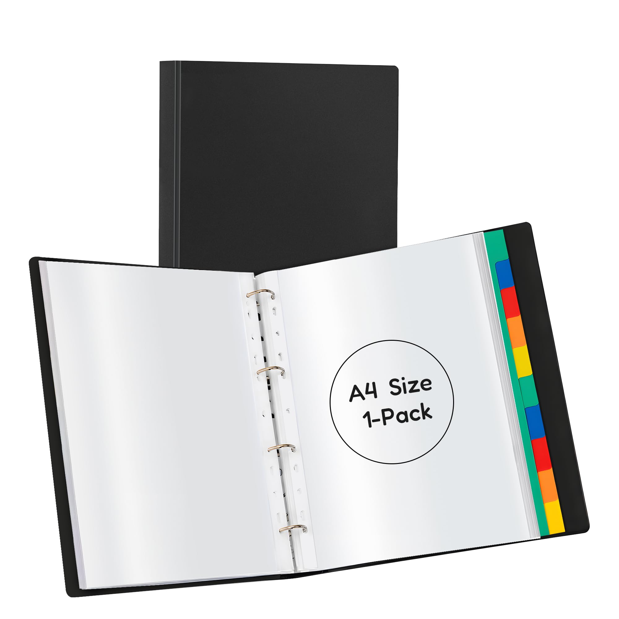 JEFURE A4 Ring Binder Display Folder, with 60 Punched Pockets, Black