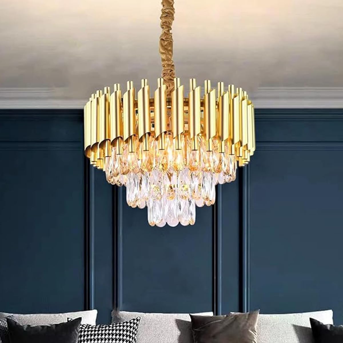 DarkVision Modern Crystal Gold Chandelier Ceiling jhumar led Decorative Hanging Light Fixture for Hall/Living Room/Bedroom/Enteryway/Events/Wedding/Resorts/Clubs(inbuilt Led) (Dia: 12'' (Gold))