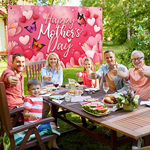 Image of Large Happy Mother's Day Banner Decorations Mothers Day Flag Outdoor 71x44 Inch,Mom Gifts for Indoor Home House Decor Party Supplies,Yard Sign Background for Photography, Red Pink Heart Flowers