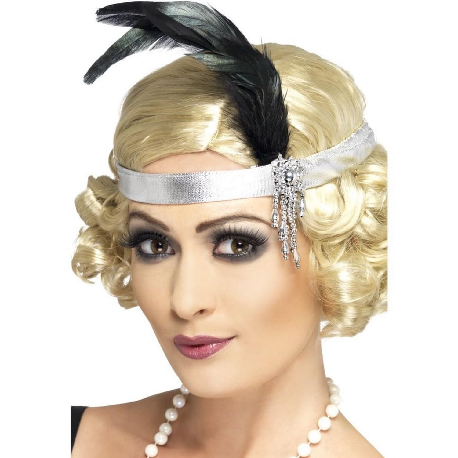 Smiffys Silver Satin Charleston Headband, Silver with Black Feather and Jewel, 1920's Razzle Fancy Dress, Adult Dress Up Accessories