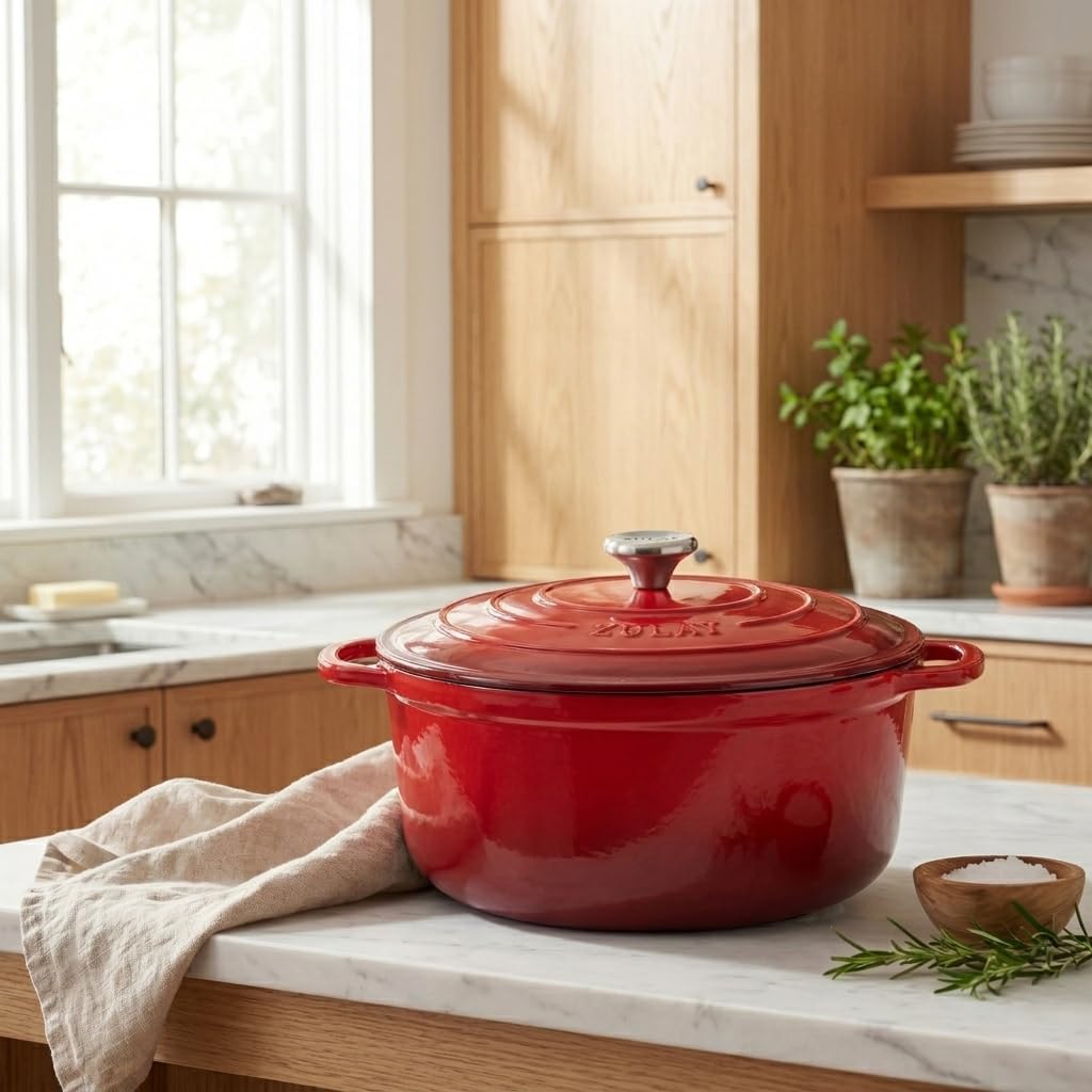 Zulay Olla holandesa de hierro fundido esmaltado de 6 cuartos con tapa, apta para horno hasta 260.0 °C, perfecta para hornear pan, guisos, estofados y cazuelas, utensilios de cocina de hierro fundido