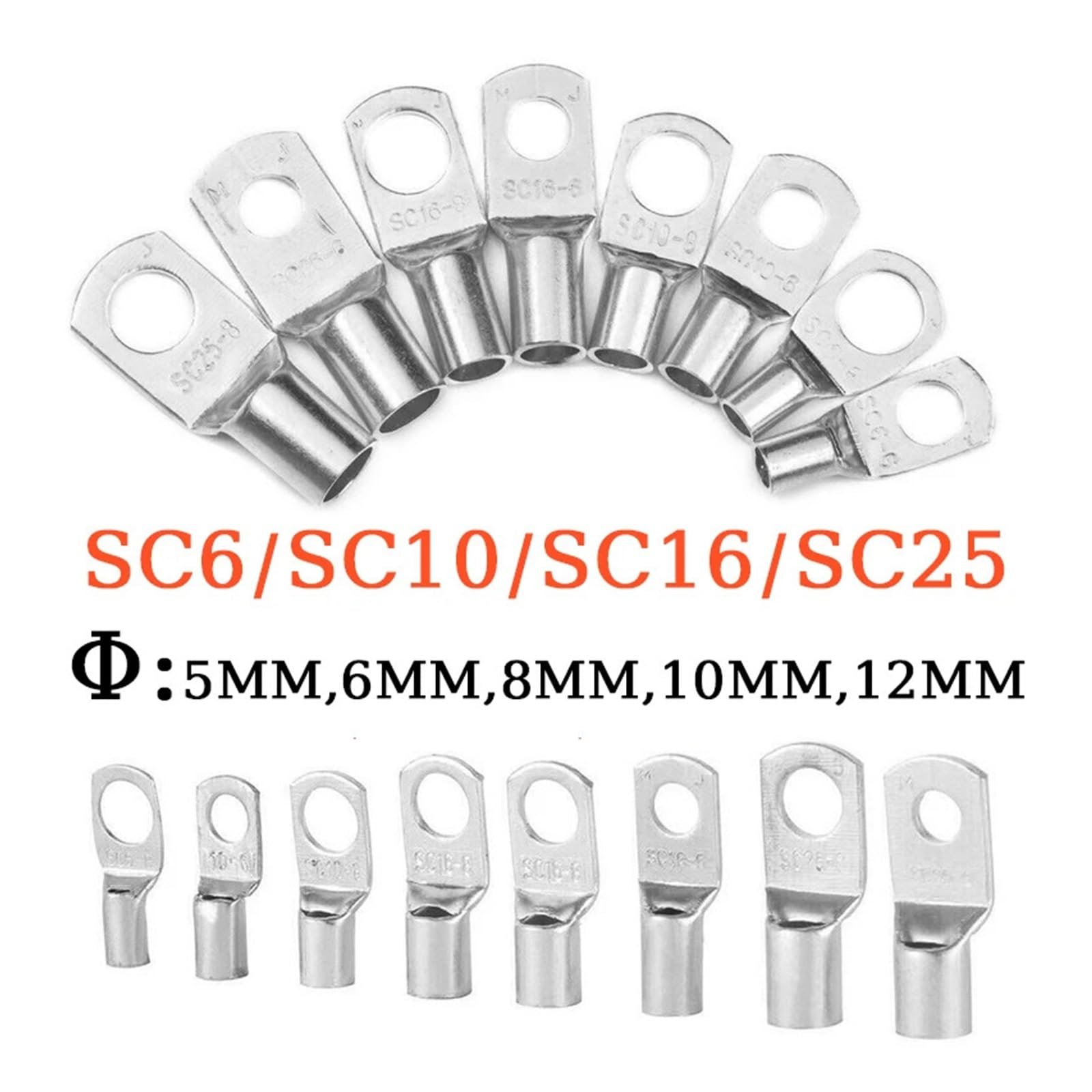 Conector de cable aislado de anillo, terminales de alambre de cobre SC6 SC10 SC16 SC25, conector de cable eléctrico crimpado, 5 mm, 6 mm, 8 mm, 10 mm, 12 mm(Sc25-12,100PCS)