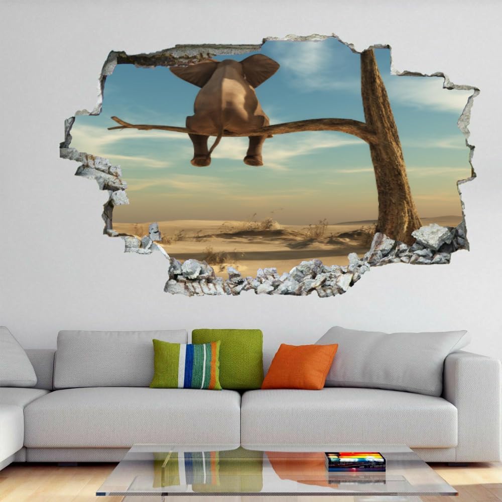 Sticker mural 3D | Autocollant de décor d'art d'éléphant | Arbre du désert amovible | Décoller et coller | Décor de chambre d'enfant de chambre de filles de garçons de bordure fissurée