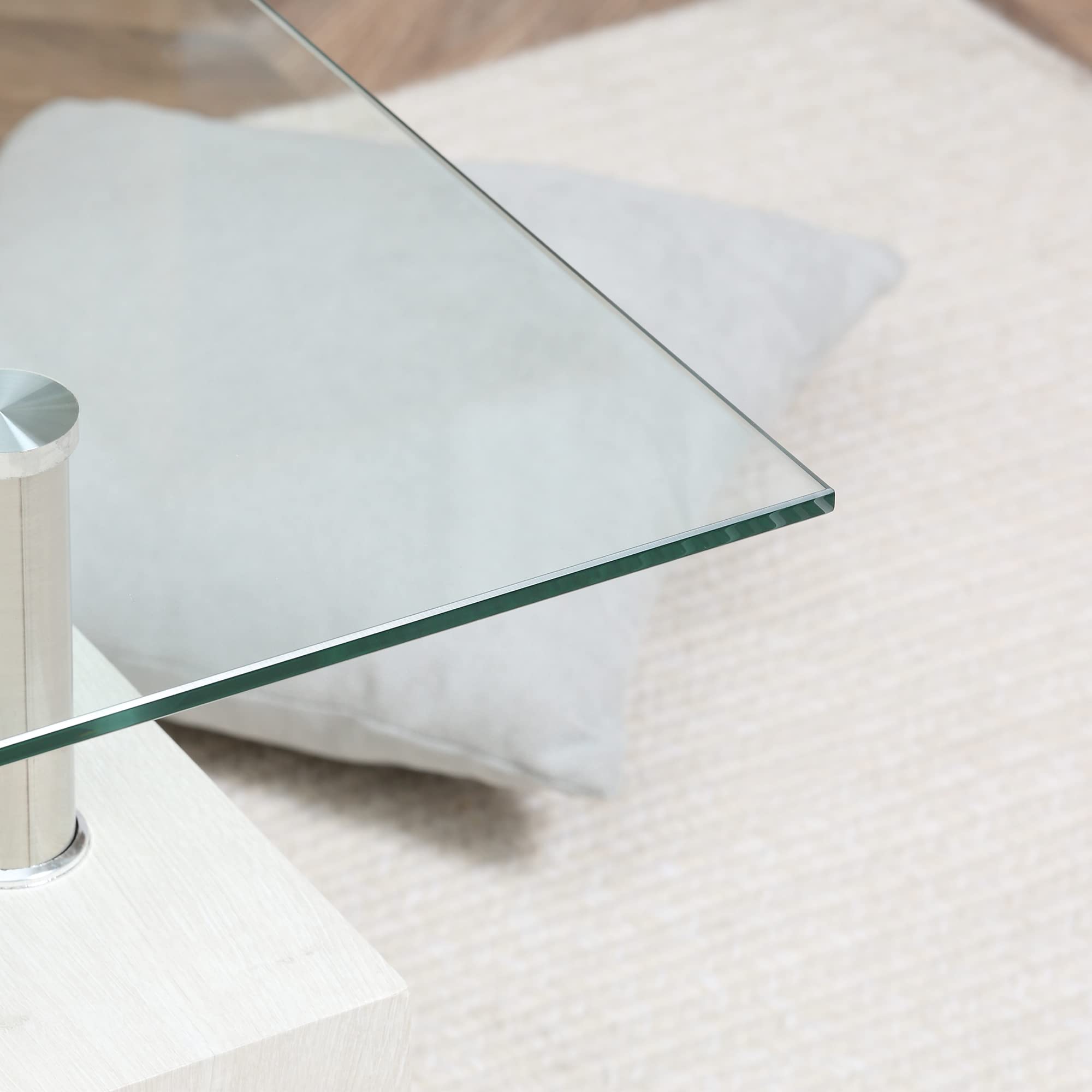 HOMCOM Tavolino Salotto Moderno a 2 Livelli con Piano d'Appoggio in Vetro Temperato, Tavolino da Divano in Legno e Acciaio, Tavolo da Caffè per Soggiorno, 90x50x42 cm, Bianco