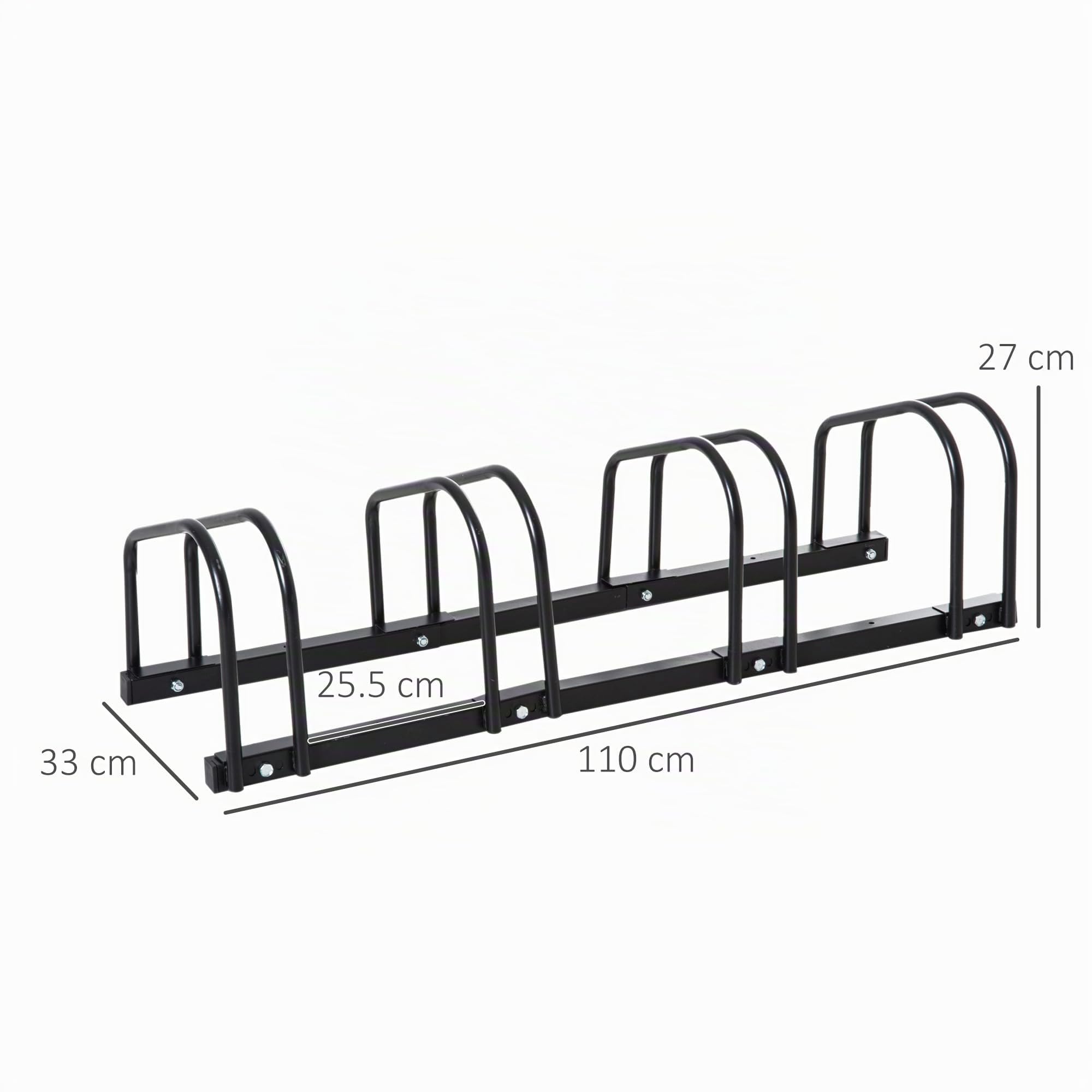 HOMCOM Rastrelliera Biciclette da Pavimento o Parete, Portabici da Terra per 4 Biciclette in Acciaio, Ruote Fino 65 mm, 110x33x27 cm, Nero