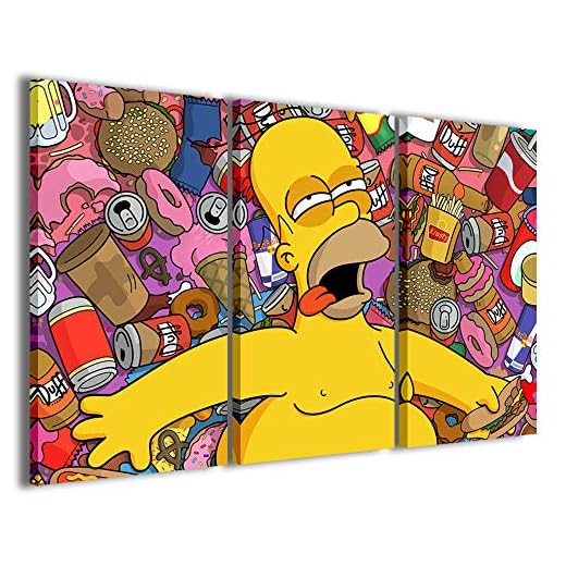 Homer Simpson - Impresión sobre lienzo, cuadros modernos en 3 paneles ya montados, lienzo listo para colgar, 120 x 90 cm