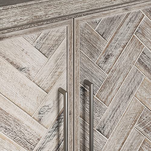 Image of Jofran 79 inch Acacia Wood Four Door Accent Cabinet with Adjustable Shelves, Mid-Century Modern Storage Cabinet for Living Room, Grey Wash