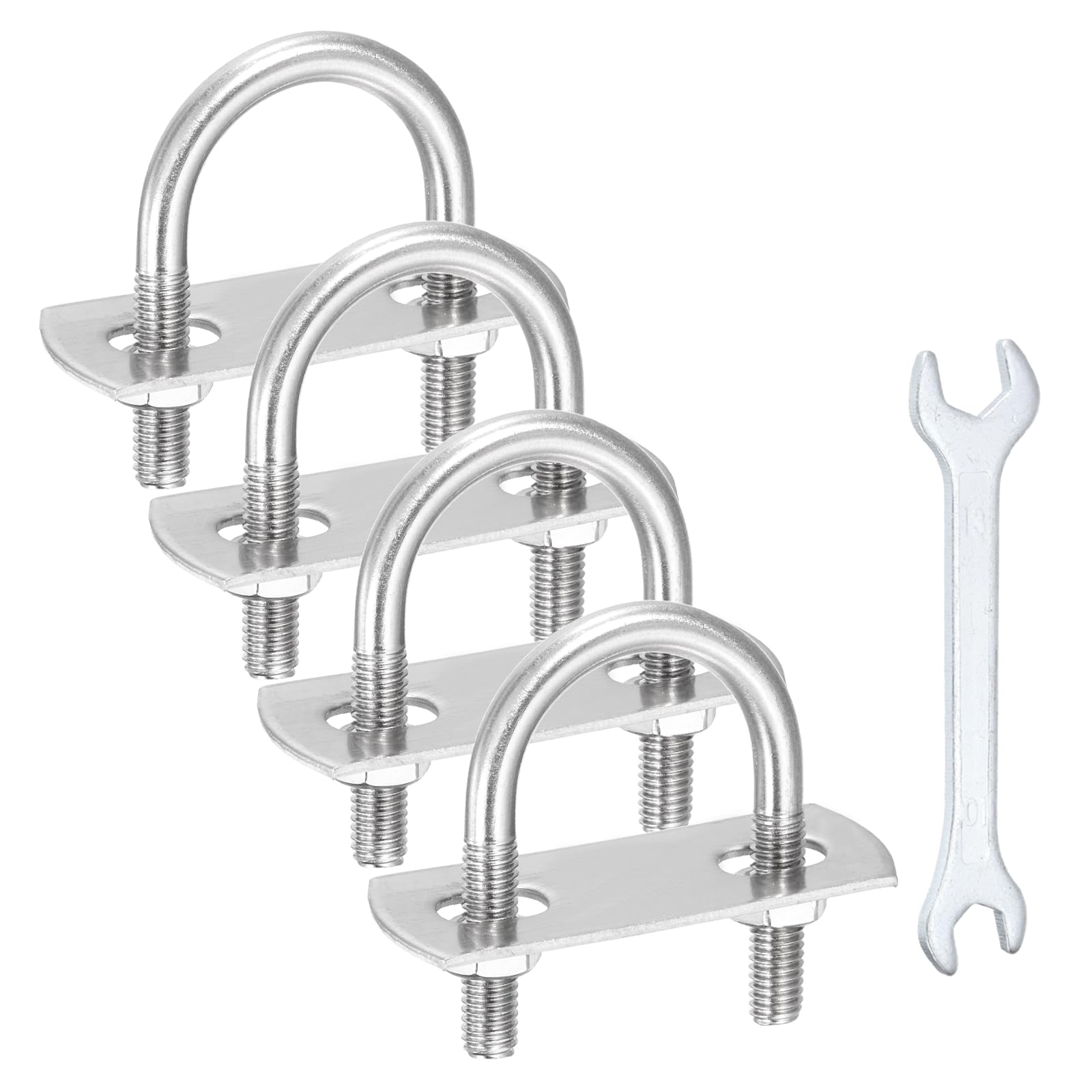 sourcing map 4Pcs M6 U-Bolts, 1.18"(30mm) Inner Width 1.85"(47mm) Length 304 Stainless Steel Round Bend U Bolts with Nuts Frame Plate Washers and Wrench for Trailers Boats Axle Sailboat