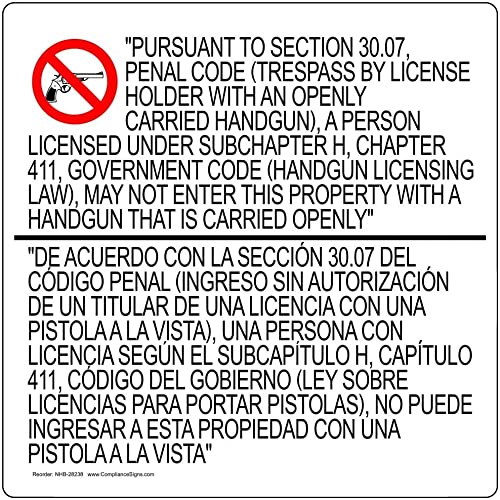 ComplianceSigns.com Texas 30.07 Concealed Carry Bilingual Window Cling, 24