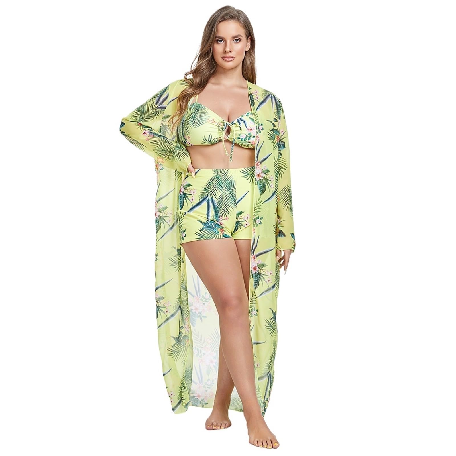 Traje de baño para Mujer, Traje de baño de 3 Piezas, Conjunto de Bikini con cordón, Funda de Playa de Manga Larga