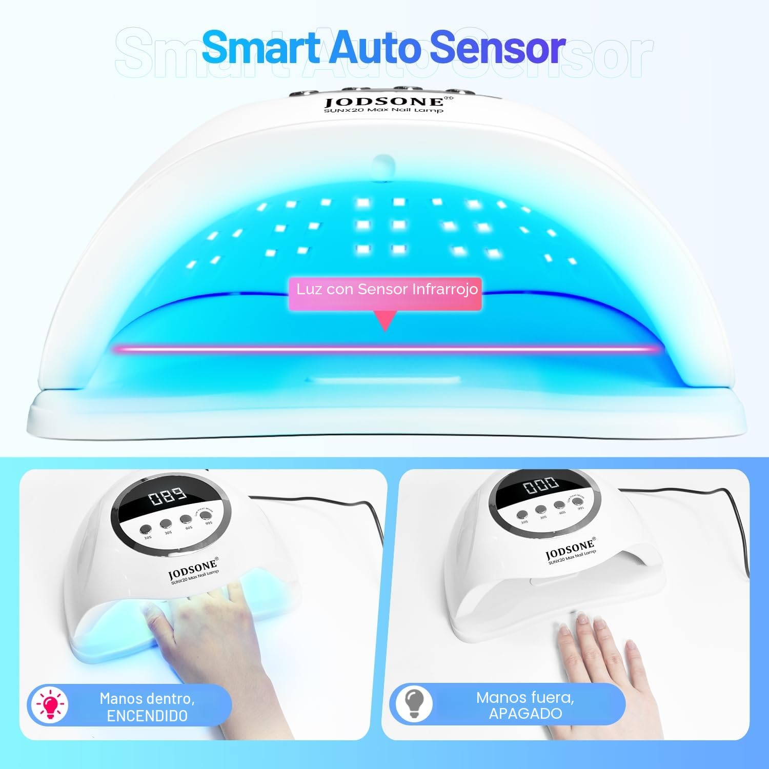 JODSONE Lámpara de uñas UV LED 320W 72 luces duales, 4 temporizadores 10/30/60/99s