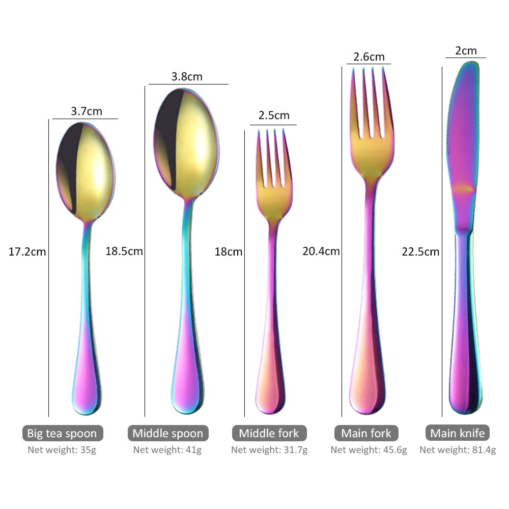 Set de Couverts de Table - 20 pièces Set de Coutellerie en Acier INOX, y Compris Couteau/Cuillère/Fourchette, Convient au Camping avec Cuisine, Service pour 4 Personnes, Multicolore