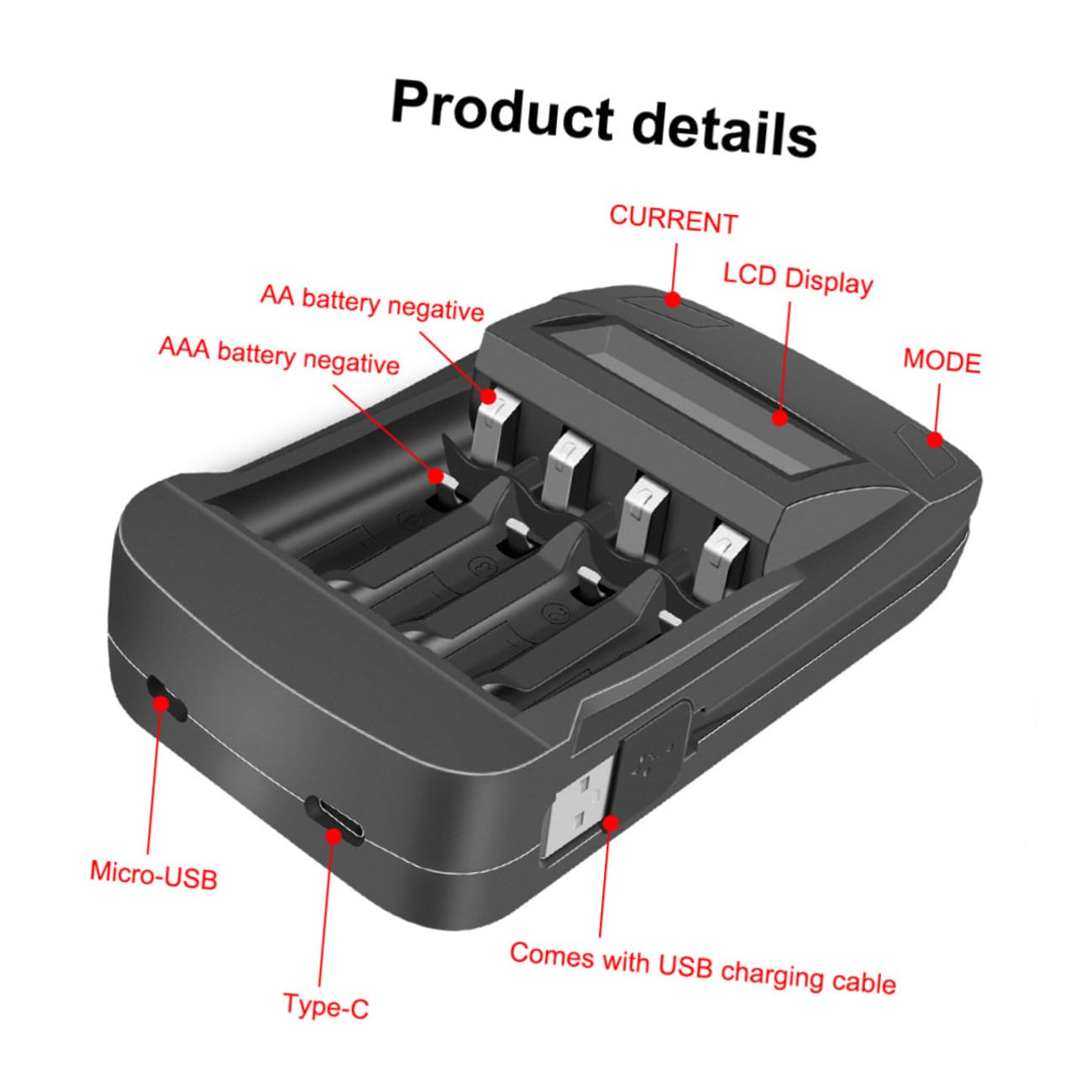 OSALADI 2pièces Chargeur USB Intelligent à Slots avec Écran LCD pour Batteries AA AAA Fonction Décharge Et Affichage Tension Pratique pour Maison Noir