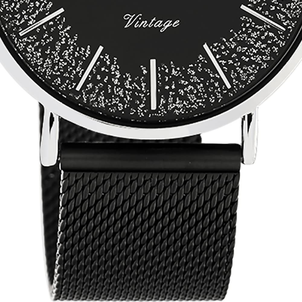 Oozoo Vintage Flache Damenuhr mit Edelstahl Milanaise Metallband Glitter Line mit Glitzer Elementen im Zifferblatt 40 MM