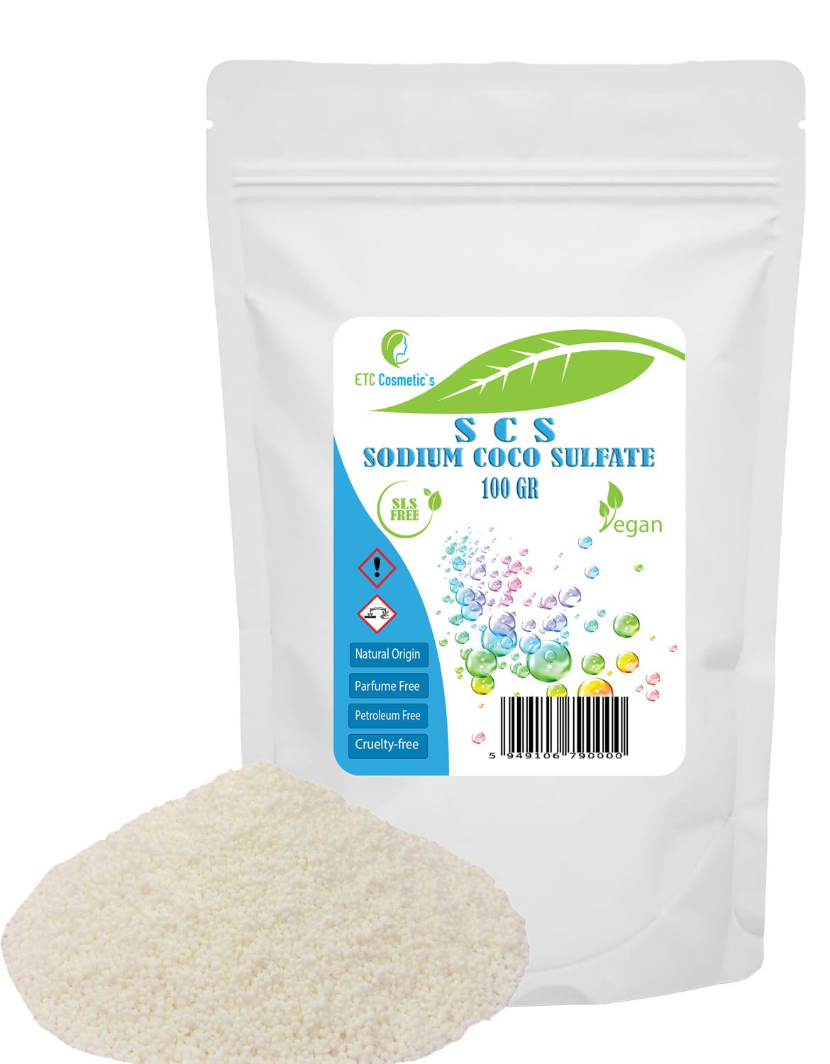 SCS Coco-siarczan sodu - 100 g - może być stosowany w barze szamponowym, szamponie w płynie, do mycia ciała, żelu pod prysznic i barze prysznicowym, syndet bar, różne preparaty do kąpieli