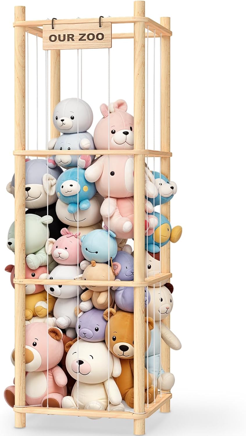 DIRXVMC Stuffed Animal Storage & Organizer, Wooden Cute Zoo Toy Holder for Toddler Rooms, Playrooms & Bedrooms (Natural, 1 pack)