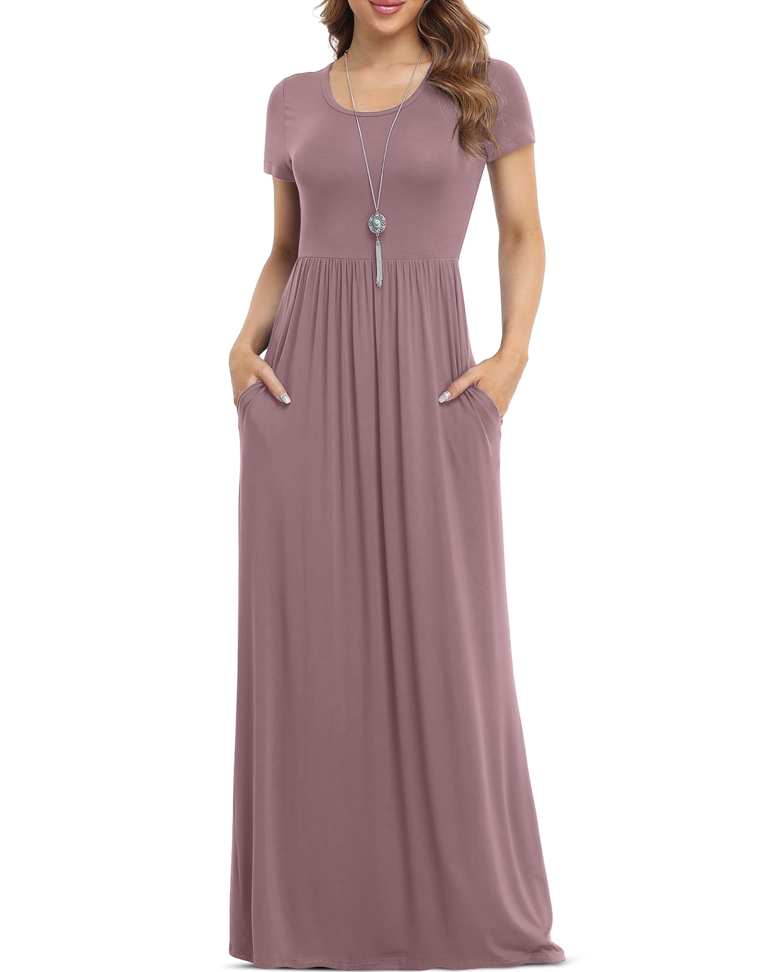 VIISHOW Women's Short Sleeve Loose Plain Maxi Dresses Casual Long Dresses with Pockets
