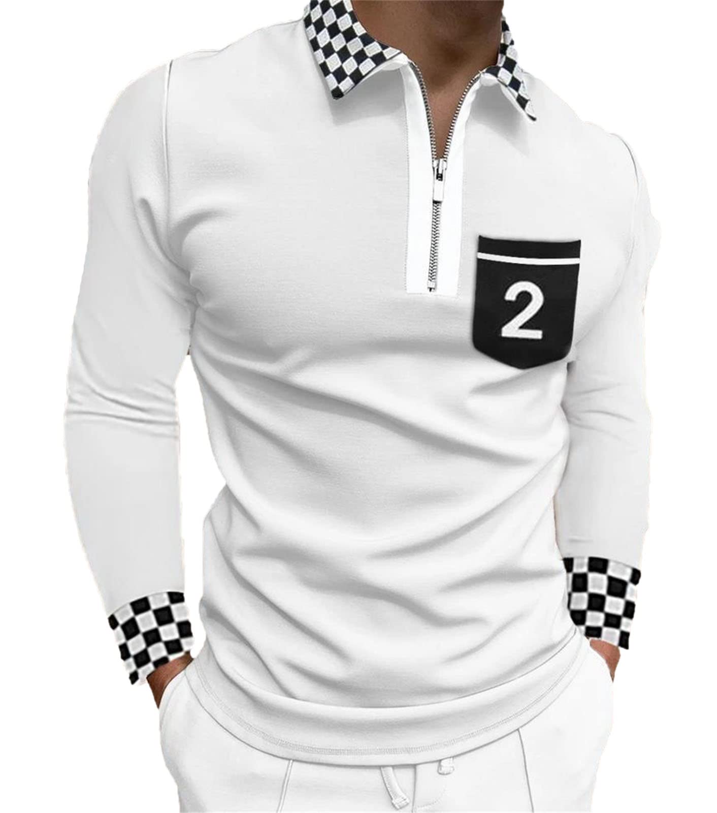 oneforus Men's Printed Pattern Polo Shirt Fashion Casual Long-Sleeved Lapel Zipper Polo Shirt