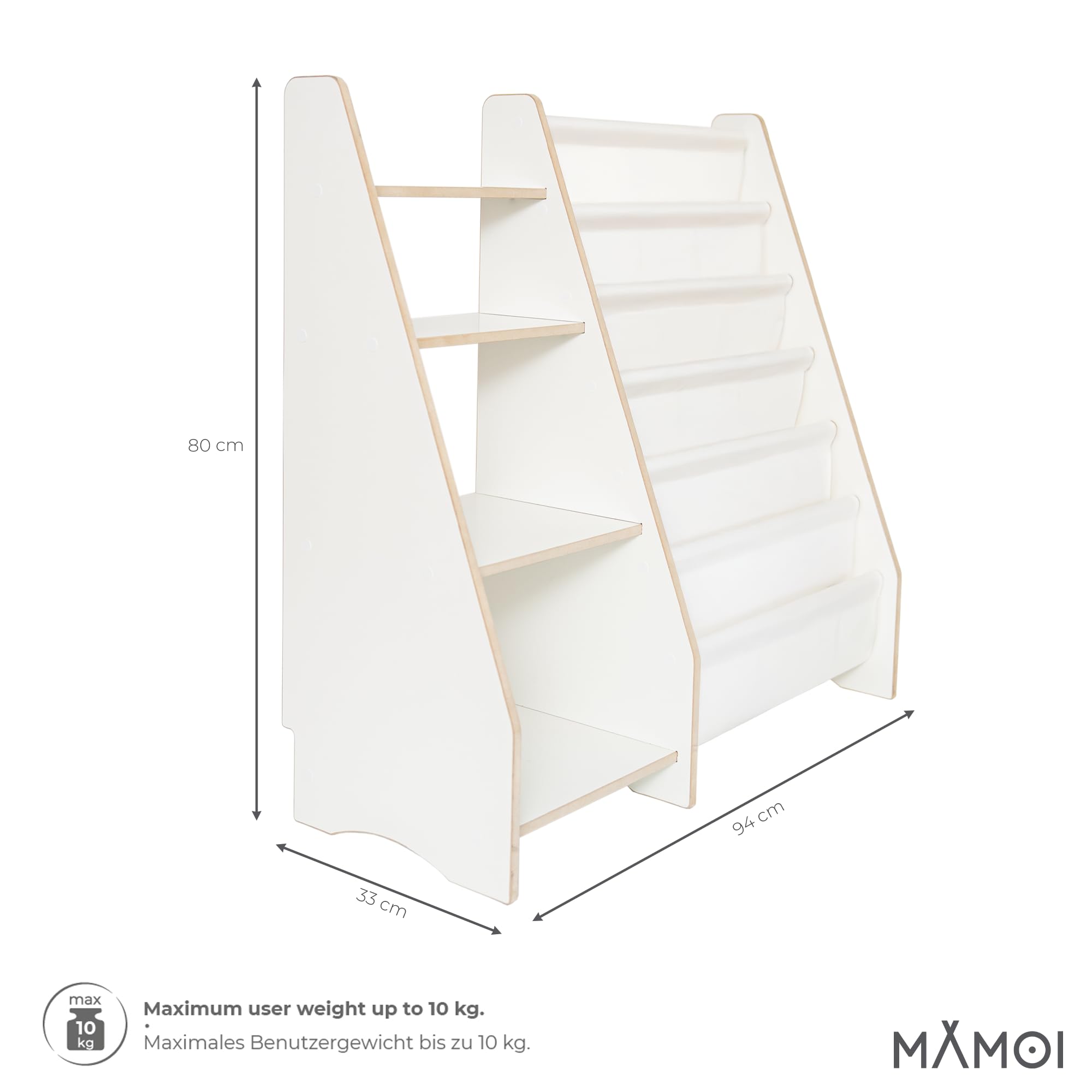 MAMOI® Bücher- und Spielzeugregal für Kinder, funktionales 2-in-1-Regal, Organizer mit Ablagen und Stofftaschen, Kinderbibliothek, Möbel im Montessori-Stil, 100% ökologisch, hergestellt in der EU