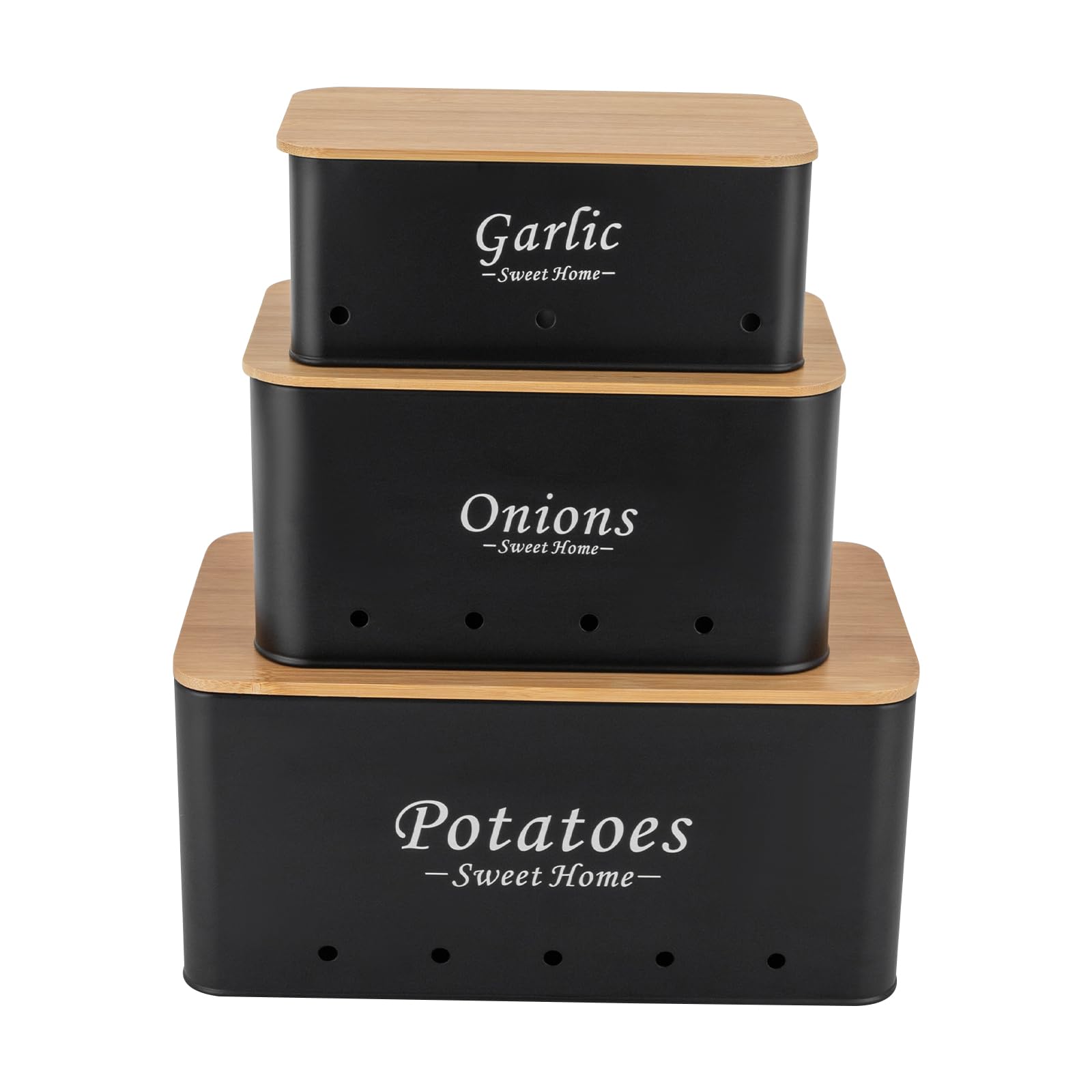 Kartoffel Aufbewahrungsbox 3er Set, Aufbewahrungsbox Küche für Zwiebeln/Kartoffeln/Knoblauch, Aufbewahrung Küche mit Belüftungslöchern, 3 Größen, Schwarz