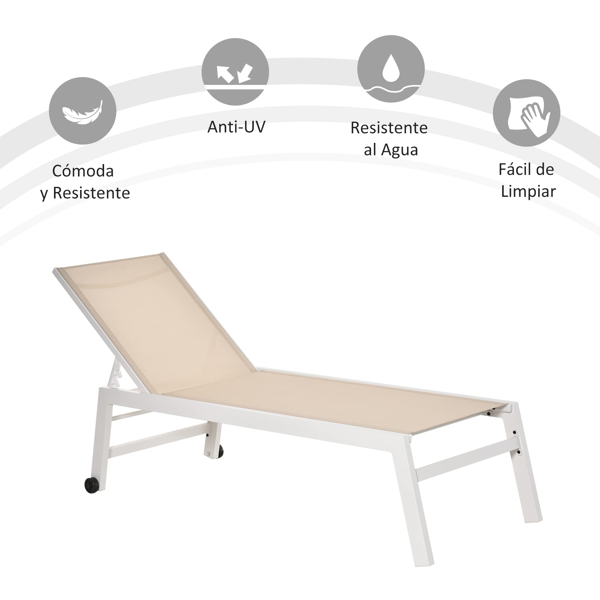 Outsunny Tumbona de Jardín de Aluminio Tumbona Exterior con Respaldo Reclinable en 5 Posiciones Ruedas Carga 120 kg para Patio Terraza 169x65x102 cm Caqui