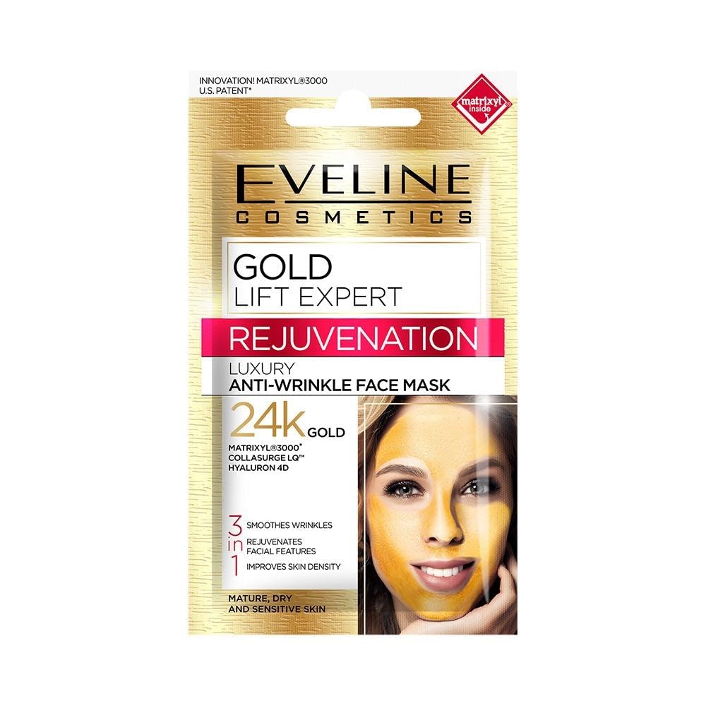 Eveline Cosmetics Gold Lift Expert Luxury Anti-Wrinkle Face Mask with 24k Gold Therapy 4D™, Hyaluronic Acid & Laminaria Extract - For Sensitive, Dry & Mature Skin