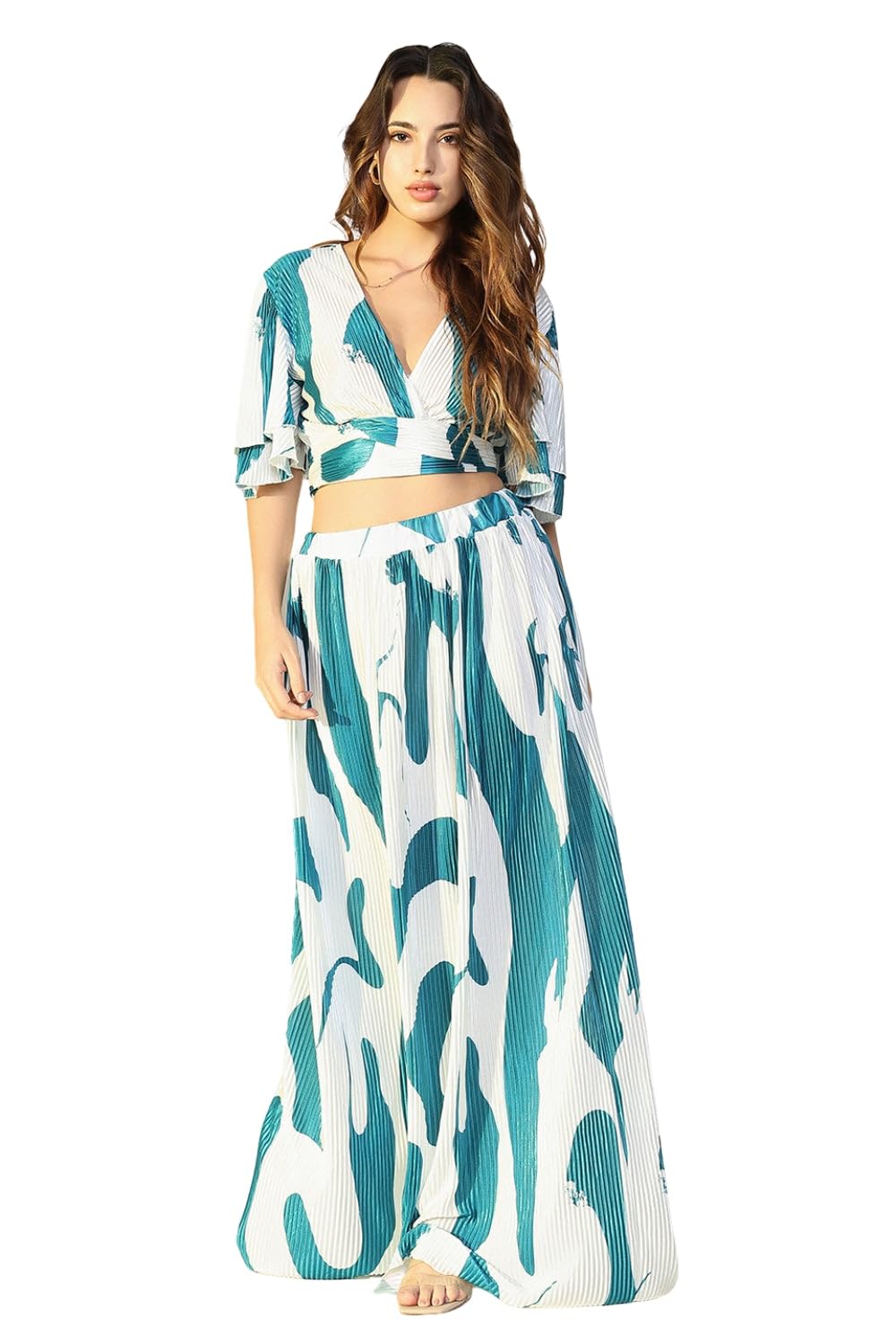 showoffff Edition Women's Teal Abstract Print V-Neck Top Co-Ords Set with Skirt-2338-1_Teal-P-picture-14