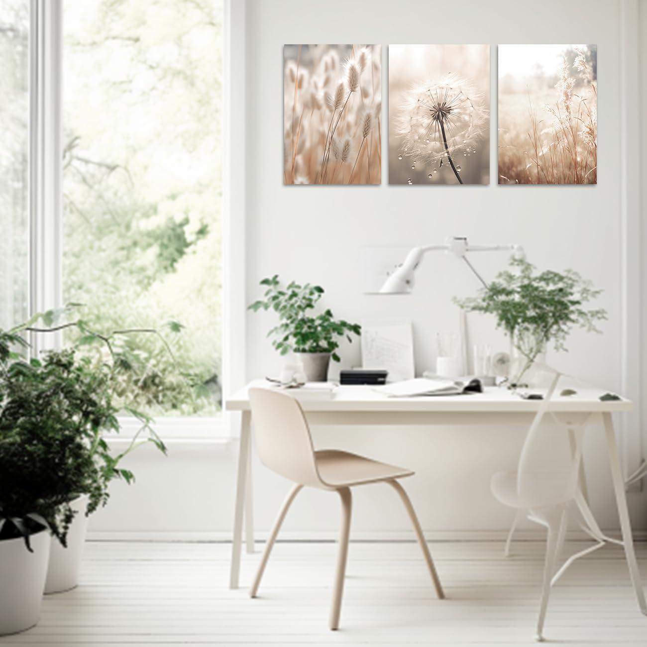 CXHOSTENT Dandelion Canvas Wall Art 3 Piece Beige Botanical Dandelion Reed Grass Painting Prints Nordic Posters Nature Plant Wildflower Picture (Nature-2 - Image 3
