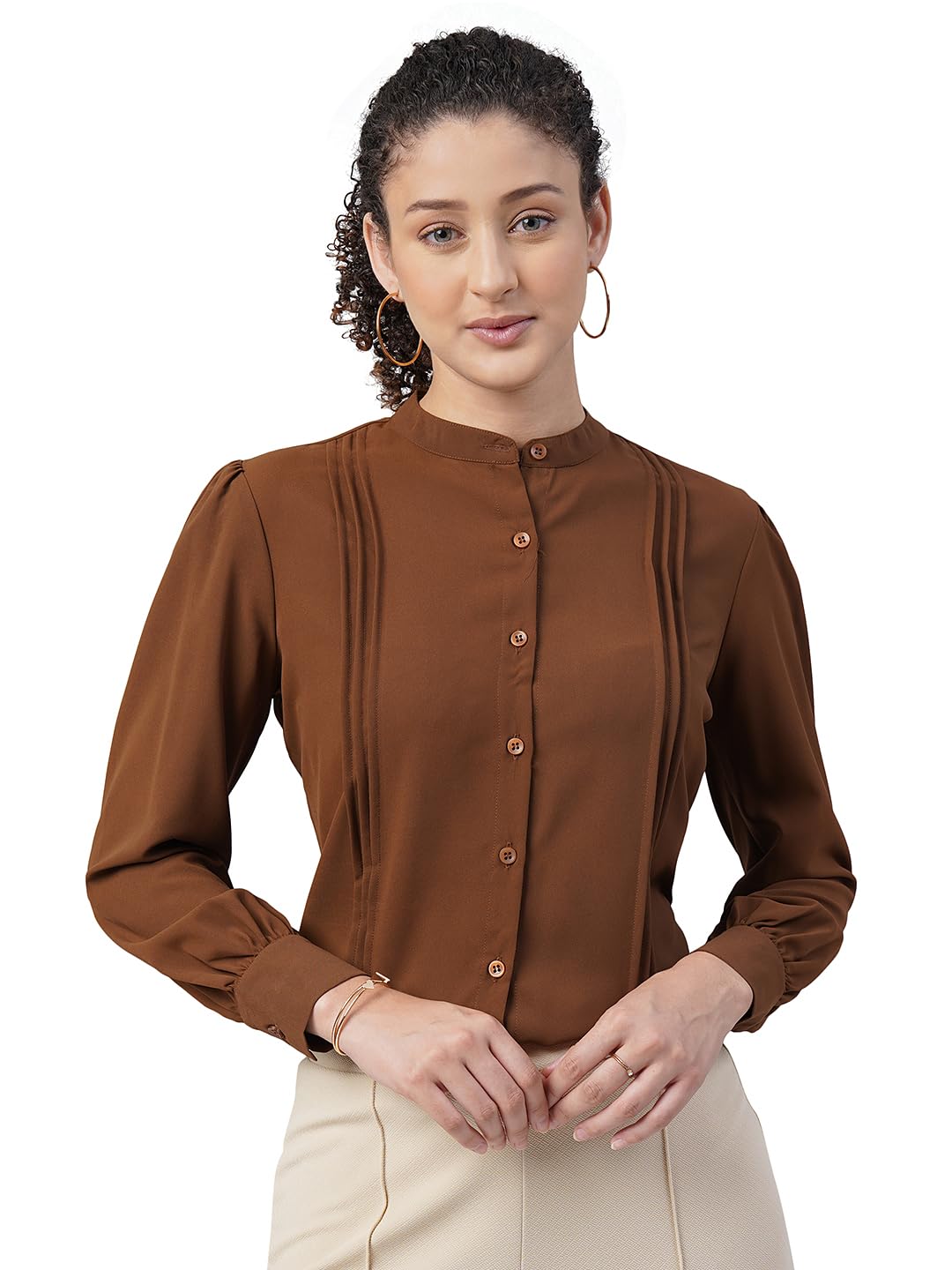 Women’s Band Collar Pleated Formal Shirt – Stylish, Effortless Office Wear