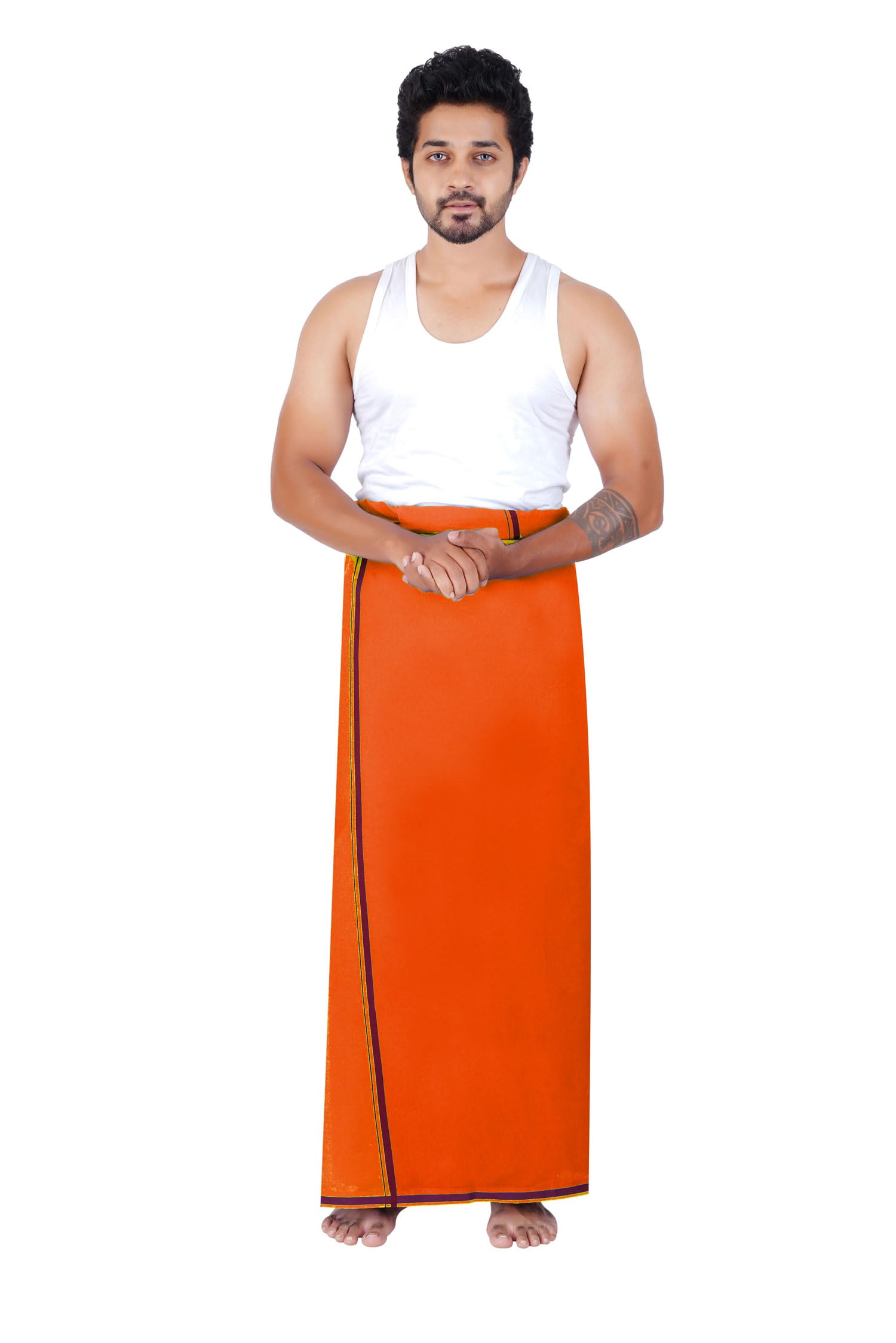 Prakasam Cotton Men's Single (1.30X2.00 Mtrs-4 Yard) Orange Colour Solid Hb Border Men Dhoti