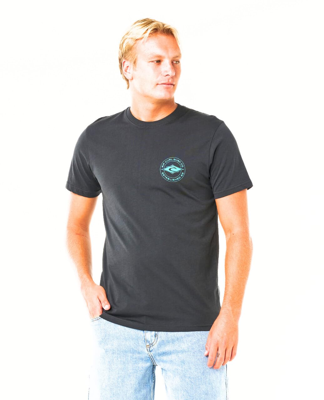 Rip Curl Men's Washed Black Staple Graphic Short Sleeve Crew Neck T-Shirt, Standard Fit, Medium