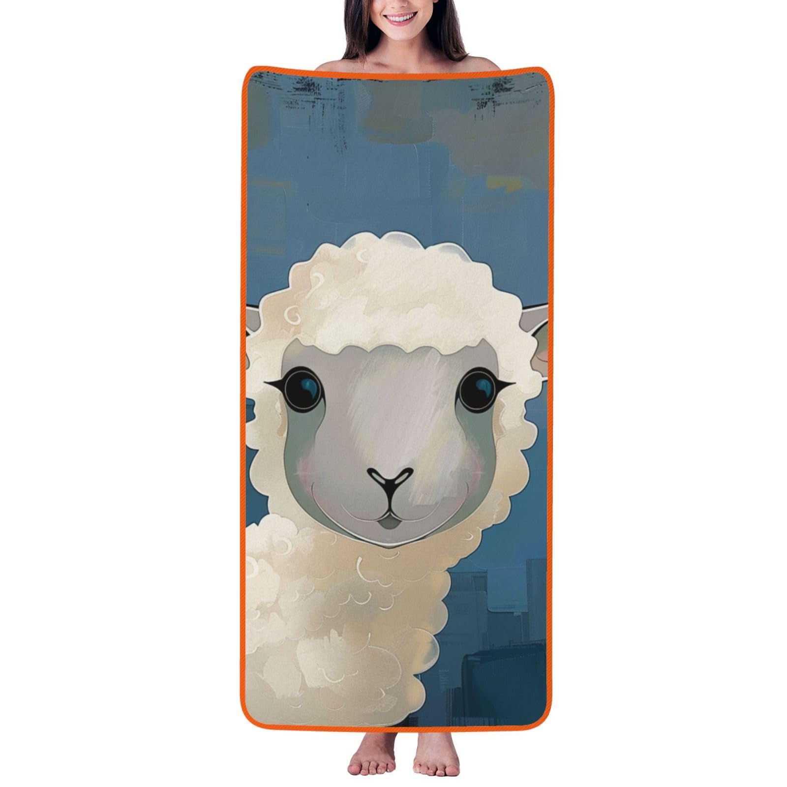 WPKJU Sheep Art Printed Bath Towel with Orange Edging - 27x55 in Soft Extra Absorbent Coral Velvet Shower Towels for Bathroom