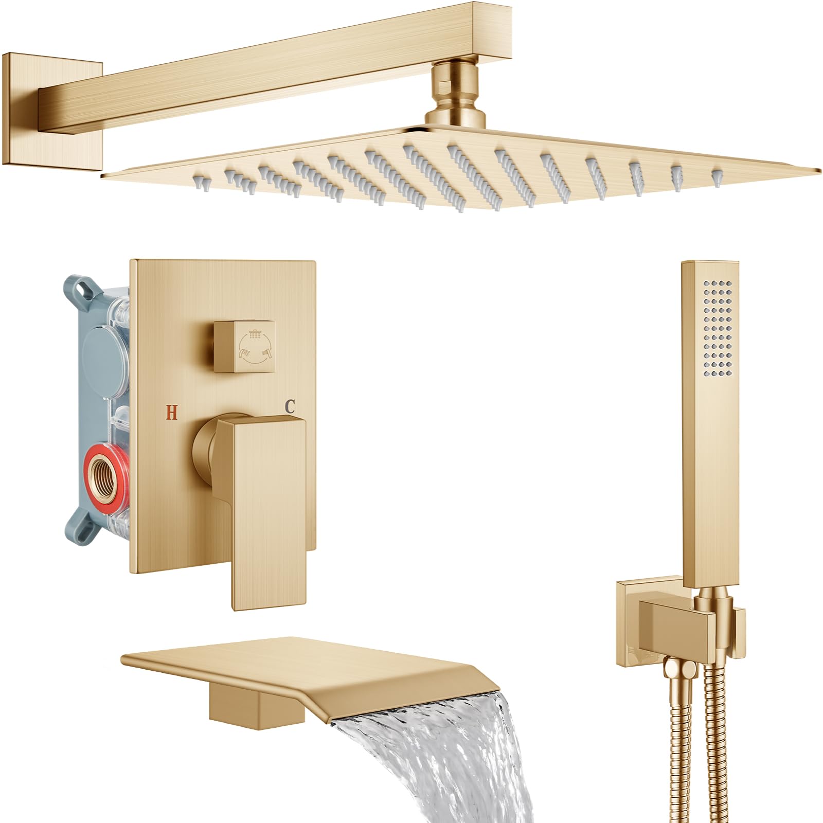 Hcfyauis Brushed Gold Rain Shower System With Tub Spout,Tub Shower Faucet Set With Rainfall Shower Head And Handheld Spray,Wall Mount Tub Shower Combo Rough-In Valve Included,10 Inch