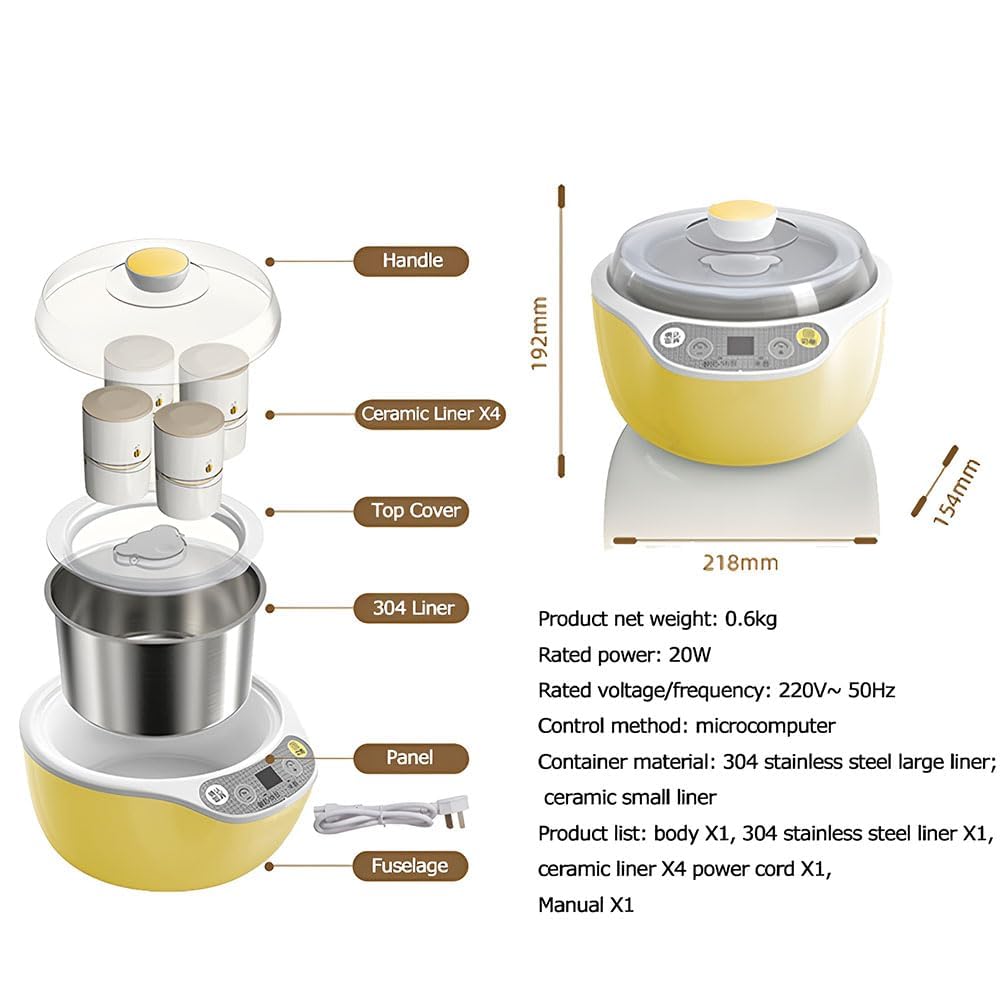 Maszyna do robienia jogurtów z wyświetlaczem LED i timerem, 1000 ml, stal nierdzewna 304, 4 kubki, regulowany czas 20 W, do domowego jogurtu, sera, natto