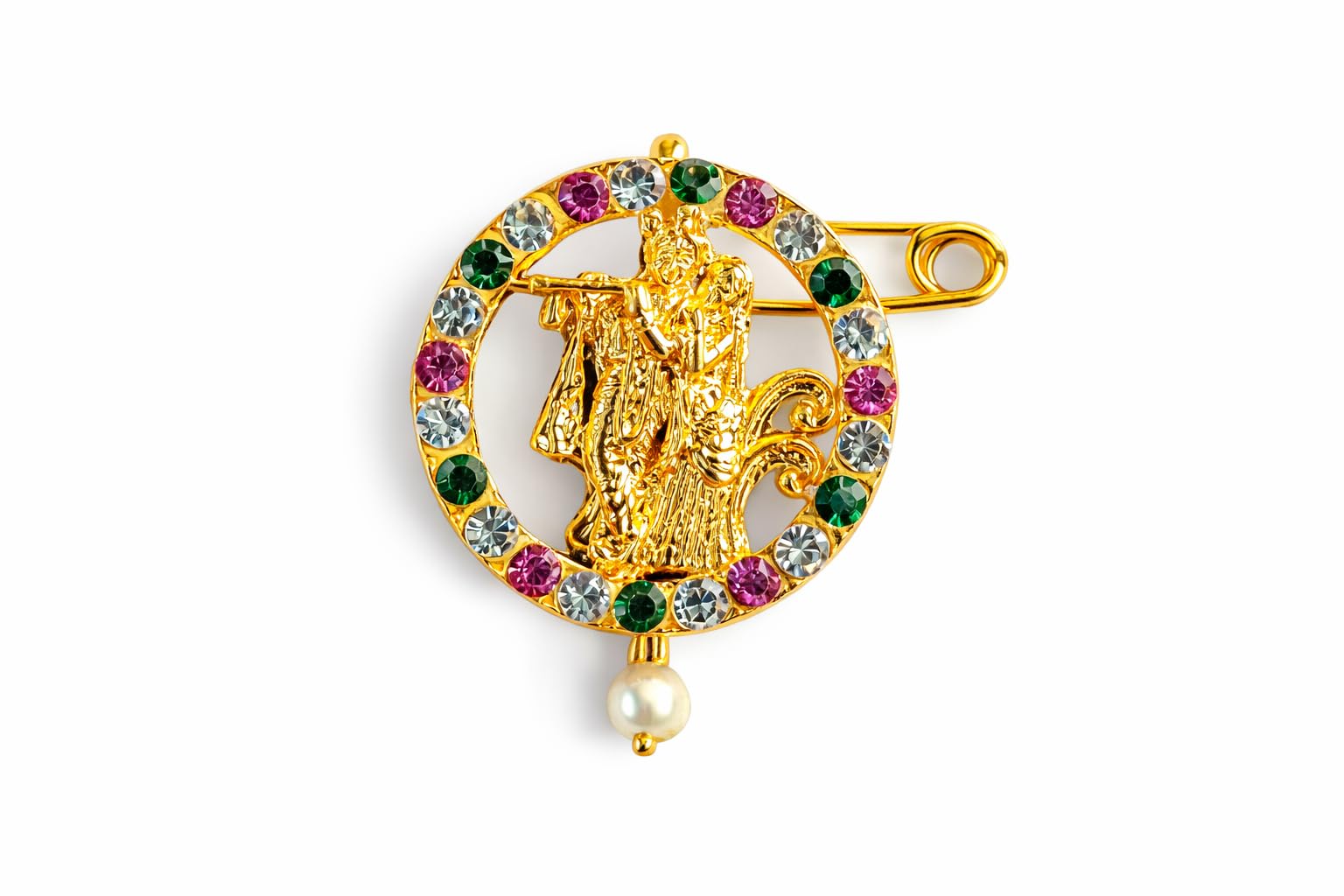 pmw Gold Plated Krishna Flute Brooch Pin with Multicolor Stones & Pearl Drop | Temple Jewelry - Pack of 1-picture-34