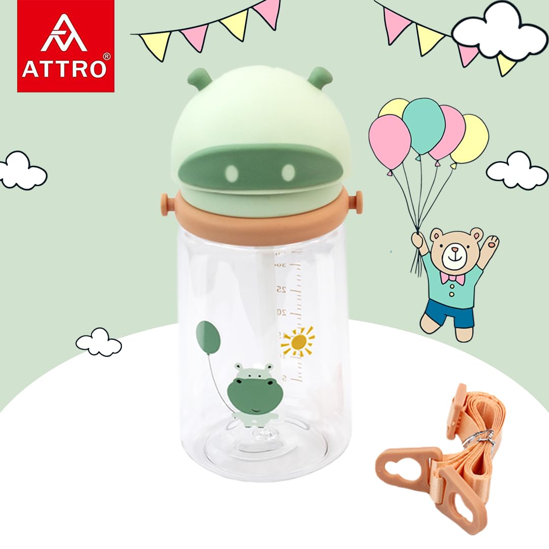 Attro Doddle Kid 450ml Water Bottle with Flip top Lid, Straw & Detachable Nylon Strap BPA Free, Leak Proof ideal for Kids - Green, Plastic 2
