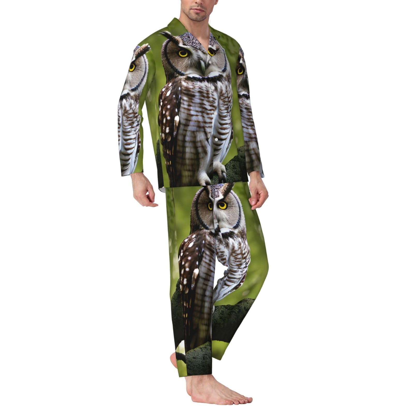 Herren-Pyjama-Set, langärmelig, Eulenmotiv, Hauskleidung, bequeme Nachtwäsche, Nachtwäsche