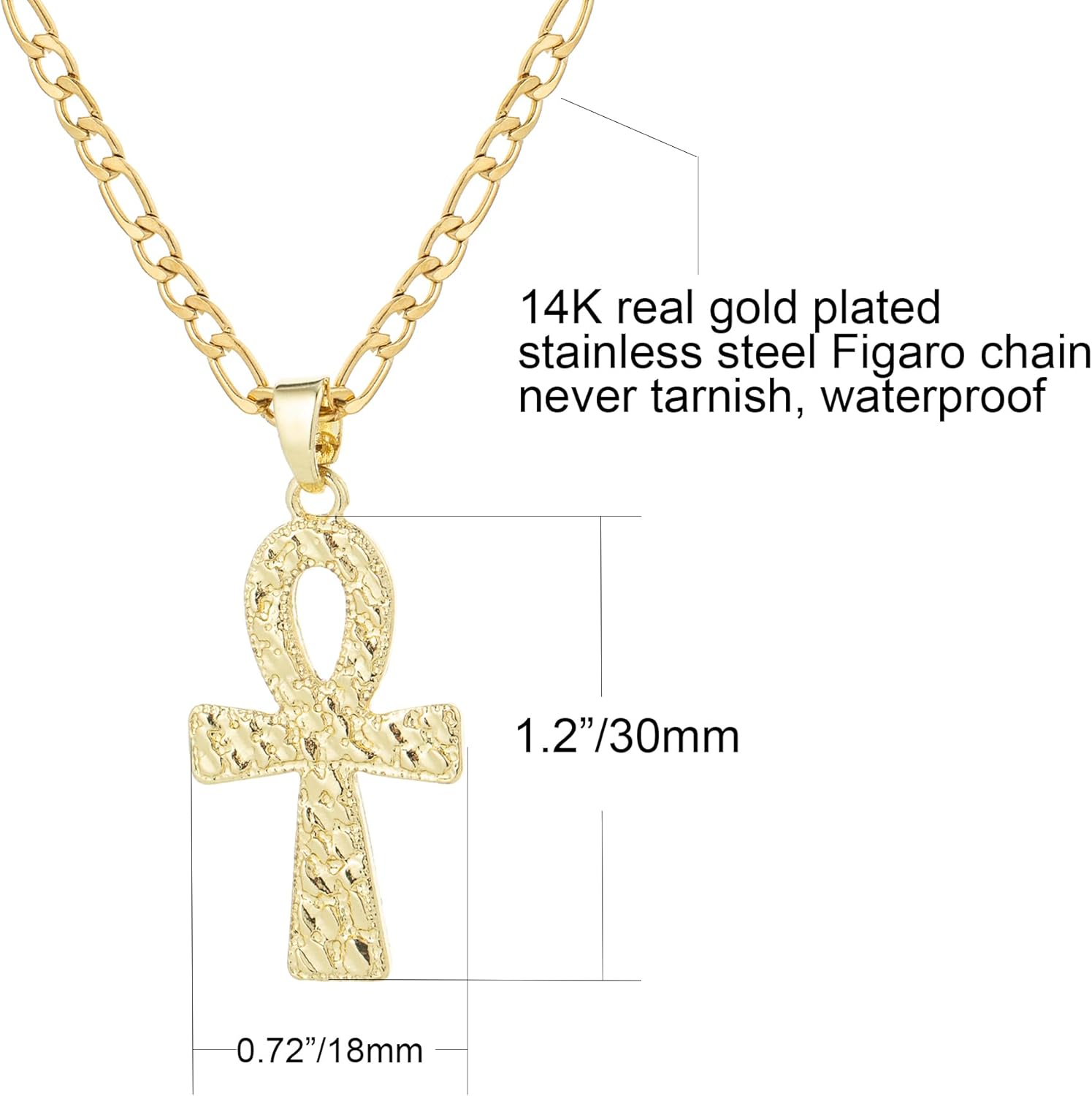 Diamond-Cut Ankh Cross Pendant Necklace for Women Men 14K White Gold Plated Stainless Steel Figaro Chain Textured Egyptian Cross Necklace - Image 2