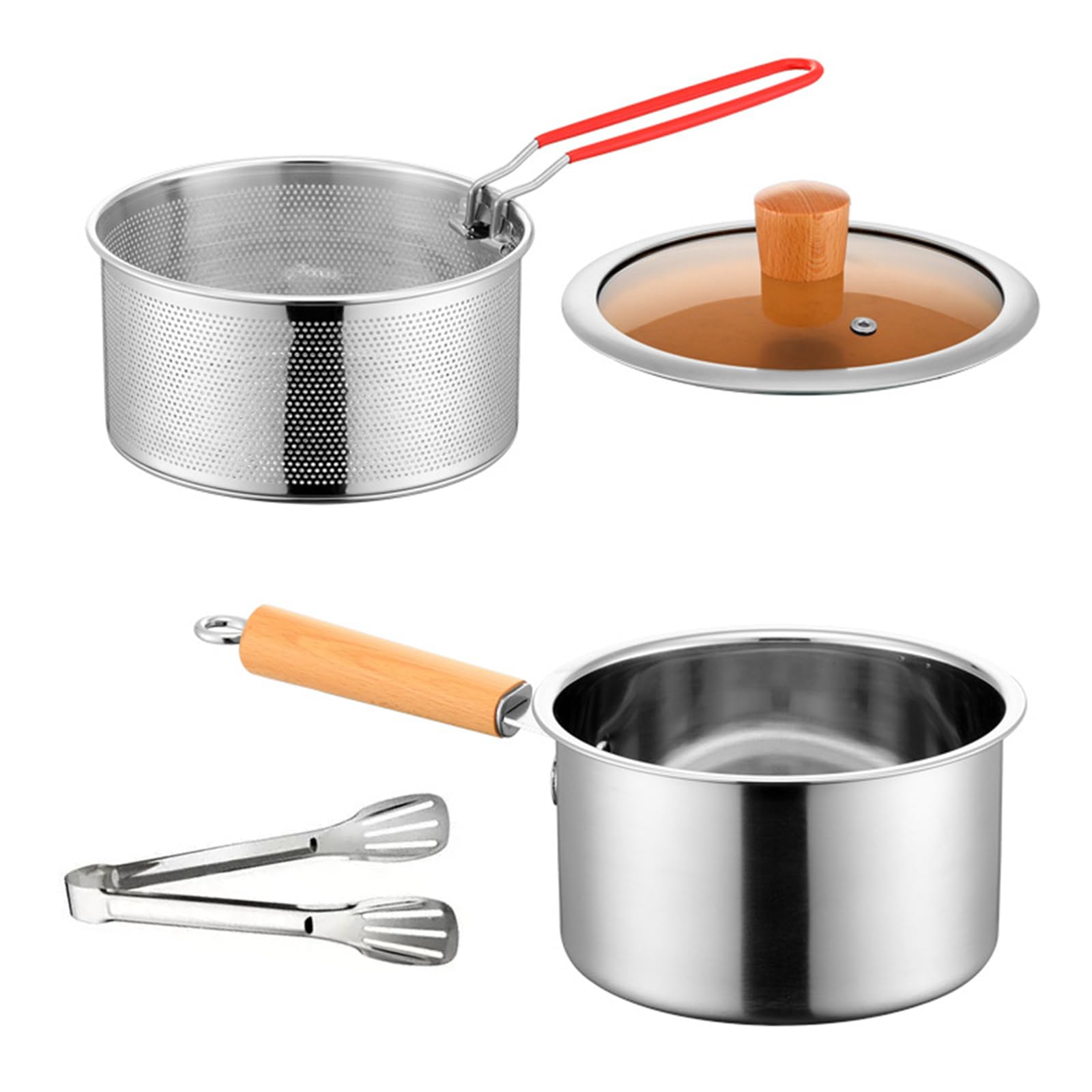 HDOYTXXM Stainless Steel Fryers Set Includes Lid Frying Strainer Basket Tongs Milk Pots Deeply Frying Tool for Cooking Enthusiasts Stainless Steel Fryers Pots
