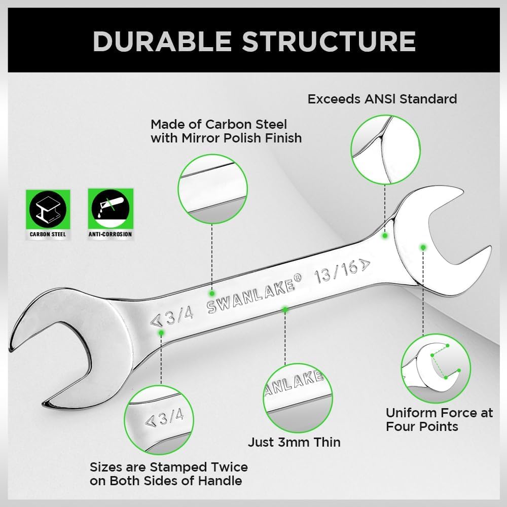 SWANLAKE 19Pcs Super-Thin Open End Spanner Set including Rolling Pouch, Carbon Steel SAE & Metric - Image 4