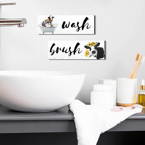 Miniatura 9 de Brocha de lavado de vaca de granja, letrero de decoración de pared, divertido ganado de granja con girasol en bañera en madera rústica, obra de arte