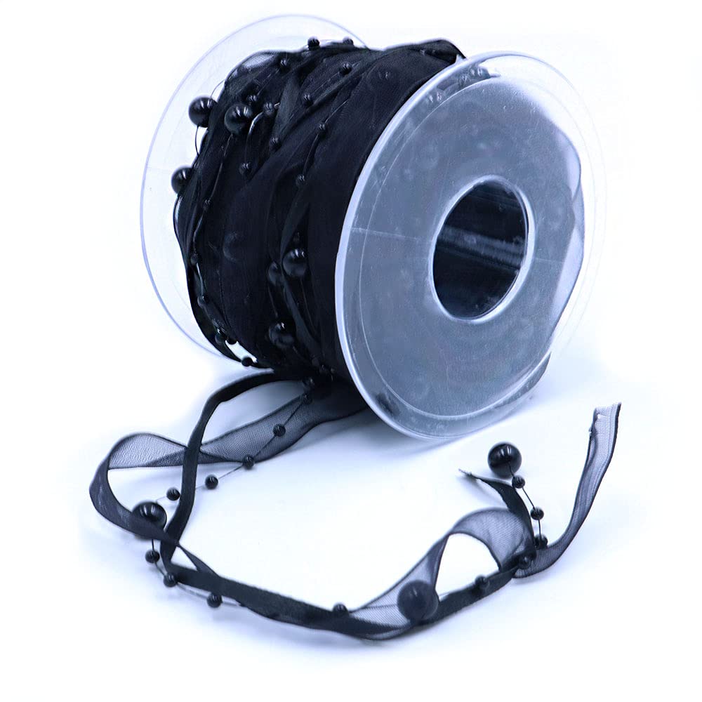 ANCLLO 10M Artificial Bead Ribbon Chiffon Ribbon and Organza Lace Ribbon Trims for Wedding Flower Christmas Tree Decoration Sewing Craft Packaging-Black