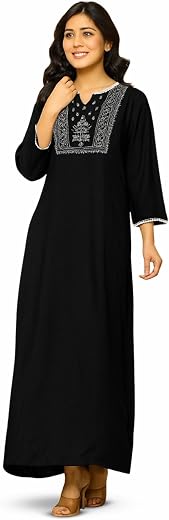 NIHSAMAH Viscose Nighty for Women, Embroidered &amp; Printed Stylish Night Gown, Long Sleeve Comfortable Sleepwear Long Nightw...