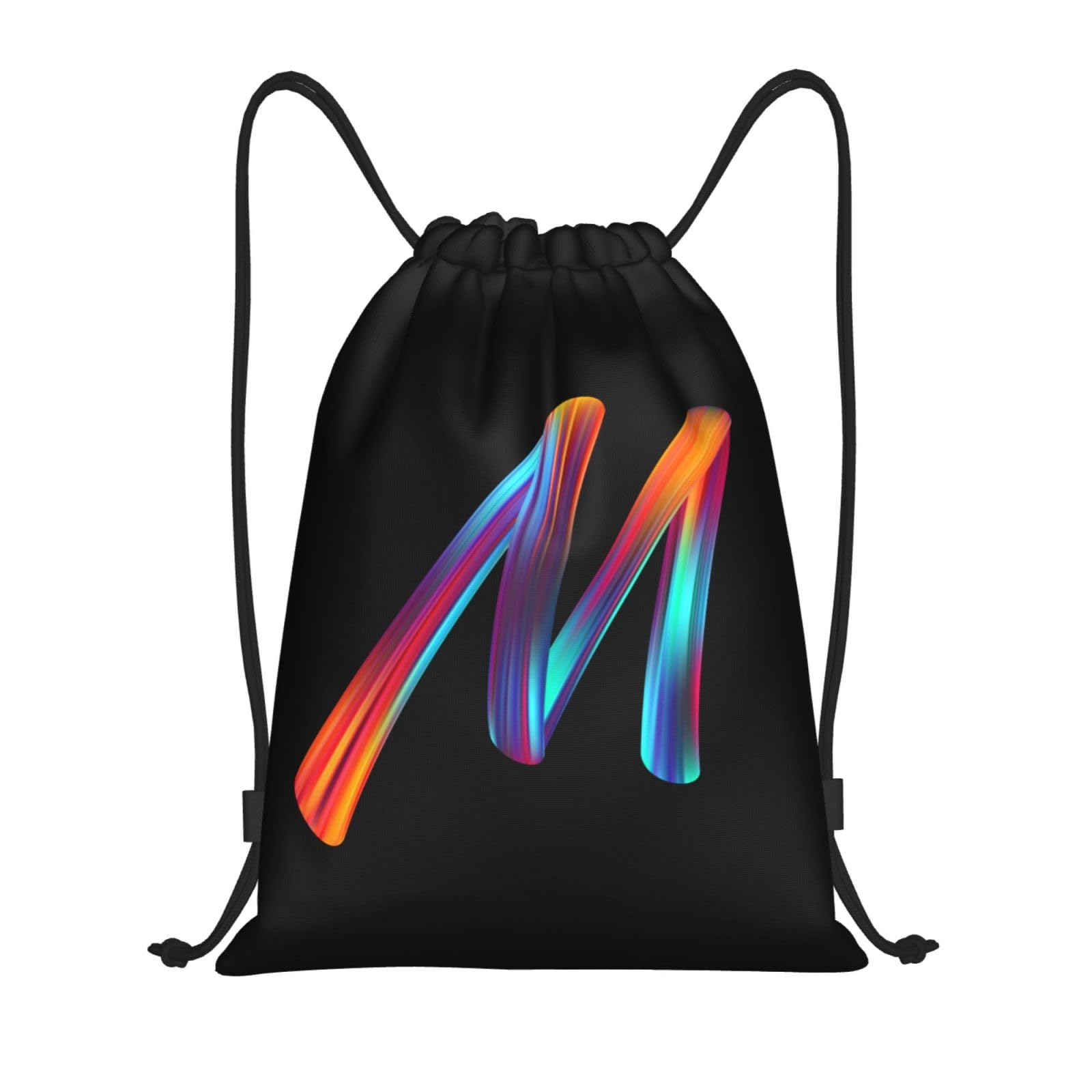 Drawstring Bags Initial Drawstring Backpack Sackpack Black Draw String Cinch Bags for Sports, Gym, Travel, Swimming, Beach, Camping, Rainbow Letter M
