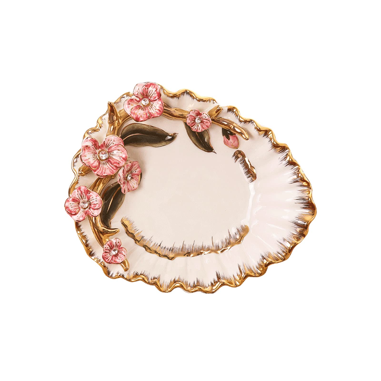 Plato de Frutas de cerámica Dulces nueces Platos de Porcelana Aperitivos compota Bayas Bandeja de Almacenamiento Borde Tallado de Flores decoración,