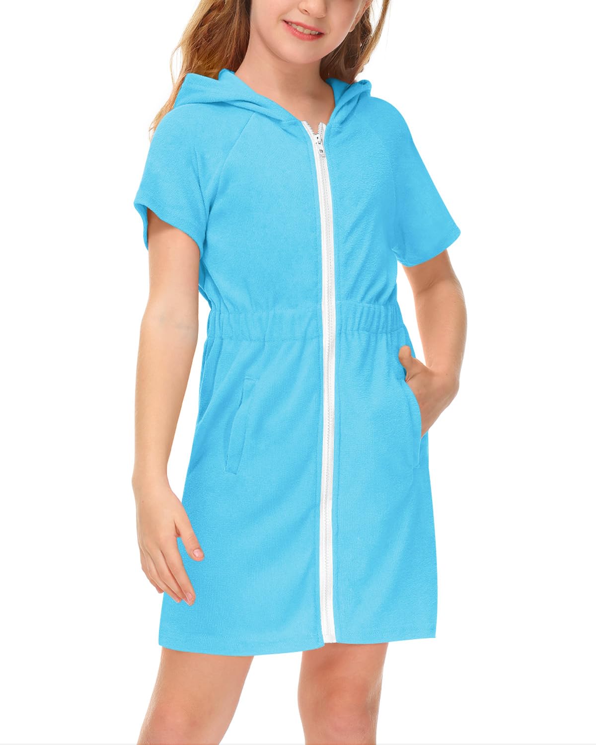 BesserBay Girls Swim Cover Up Beach Bathing Suit Coverups for Swimwear Zip-Up Terry Cloth Robes with Sunglasses 6-14 Years