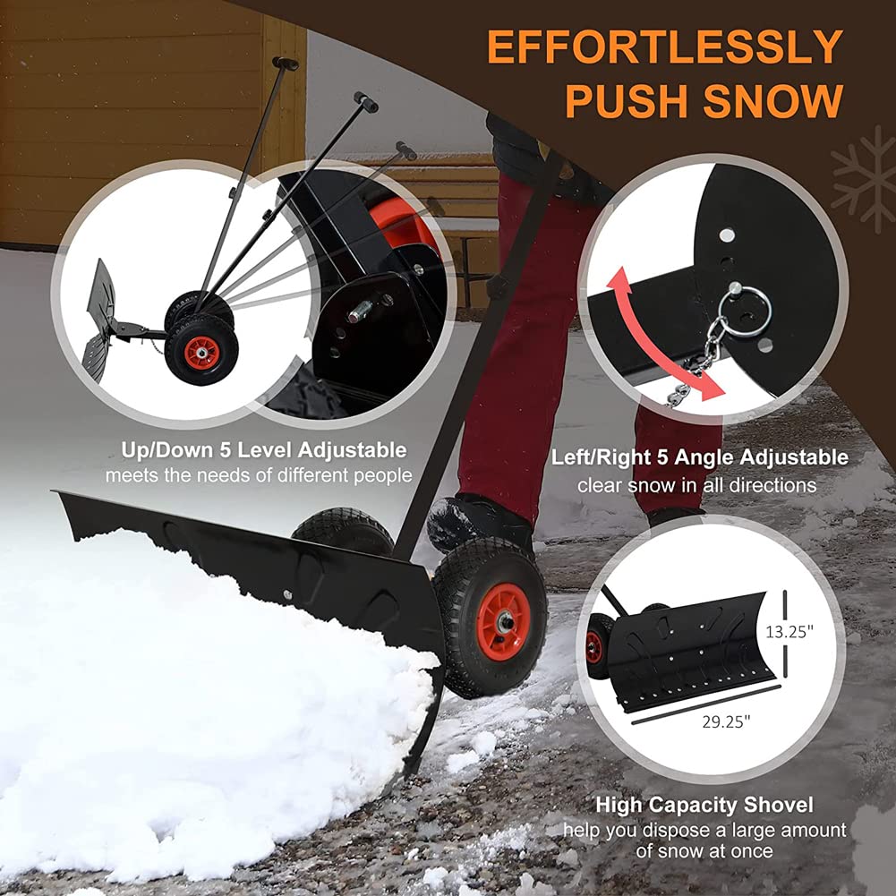 Pala de Nieve con Ruedas, empujador de Nieve de Metal Resistente, Herramienta de remoción de Nieve con Mango de ángulo Ajustable Acolchado, Hoja de 29", Ruedas de 10", Negro