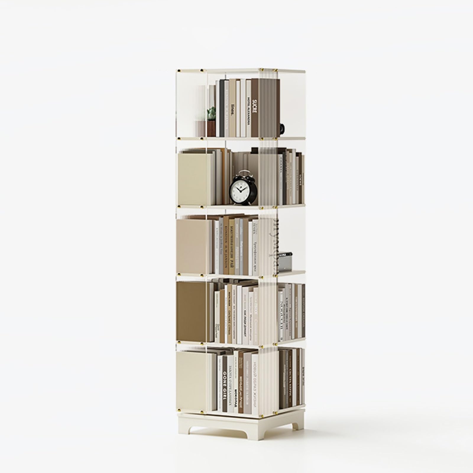 ZFPKXHVMG Open Storage Shelf, 360 Degree Rotating Bookshelf 5-6 Layers Acrylic Solid Wood Floor Standing Organizer(Five layers - white)